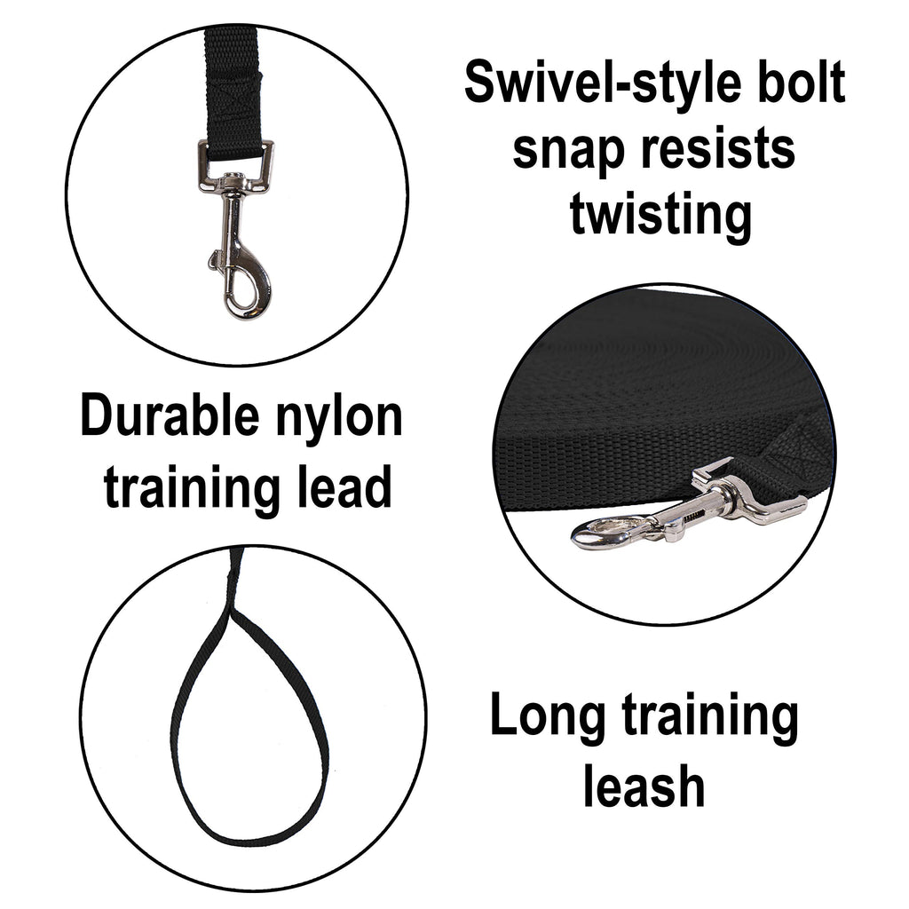 Hi Kiss 100ft Nylon Dog Training Lead - Long Recall Leash for Obedience, Outdoor Play - Black