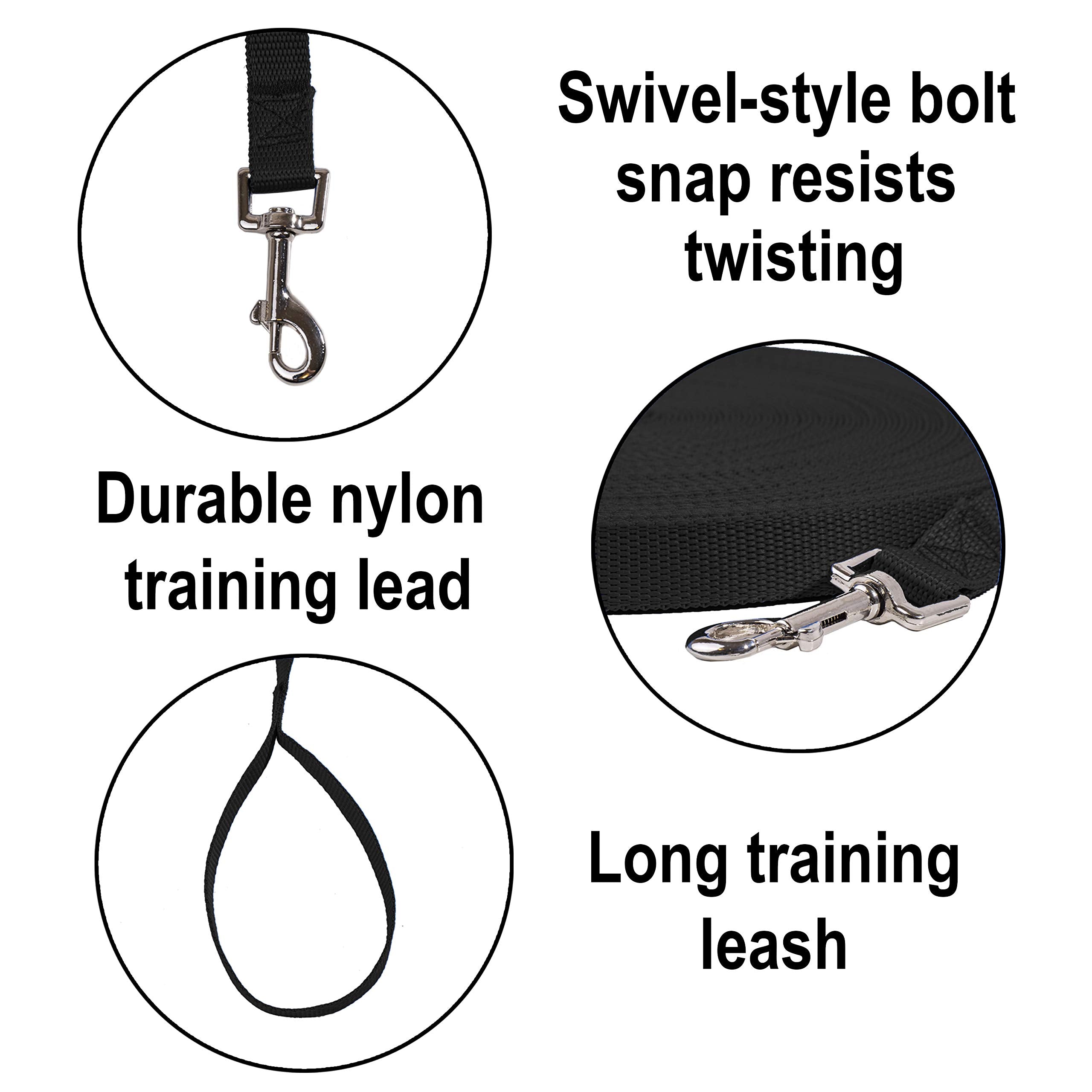 Hi Kiss 100ft Nylon Dog Training Lead - Long Recall Leash for Obedience, Outdoor Play - Black