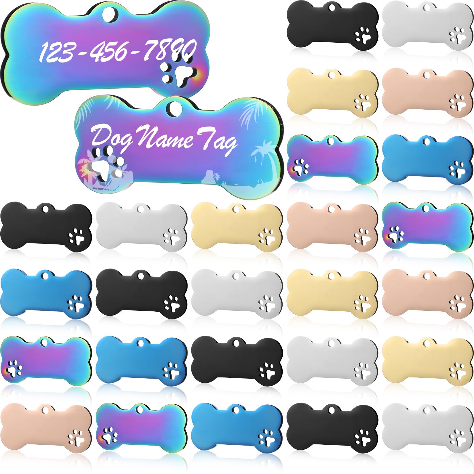 Hicarer 30-Pack Blank Stainless Steel Pet ID Tags, Bone Shape, 6 Colors, Engravable Both Sides for Dogs Cats DIY