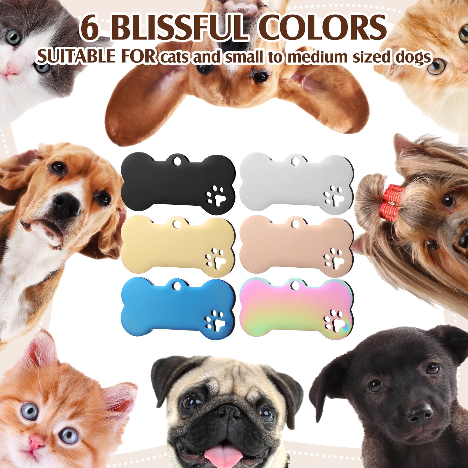 Hicarer 30-Pack Blank Stainless Steel Pet ID Tags, Bone Shape, 6 Colors, Engravable Both Sides for Dogs Cats DIY
