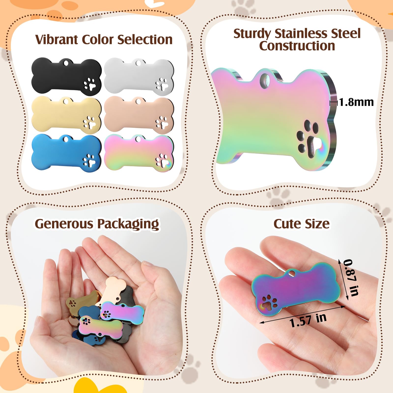 Hicarer 30-Pack Blank Stainless Steel Pet ID Tags, Bone Shape, 6 Colors, Engravable Both Sides for Dogs Cats DIY