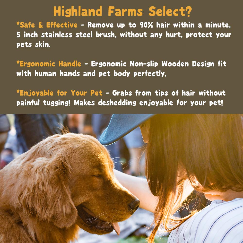 Highland Farms Select Deshedding Grooming Brush – 5 Inch, Ergonomic Wood Handle, for Dogs, Cats & Horses