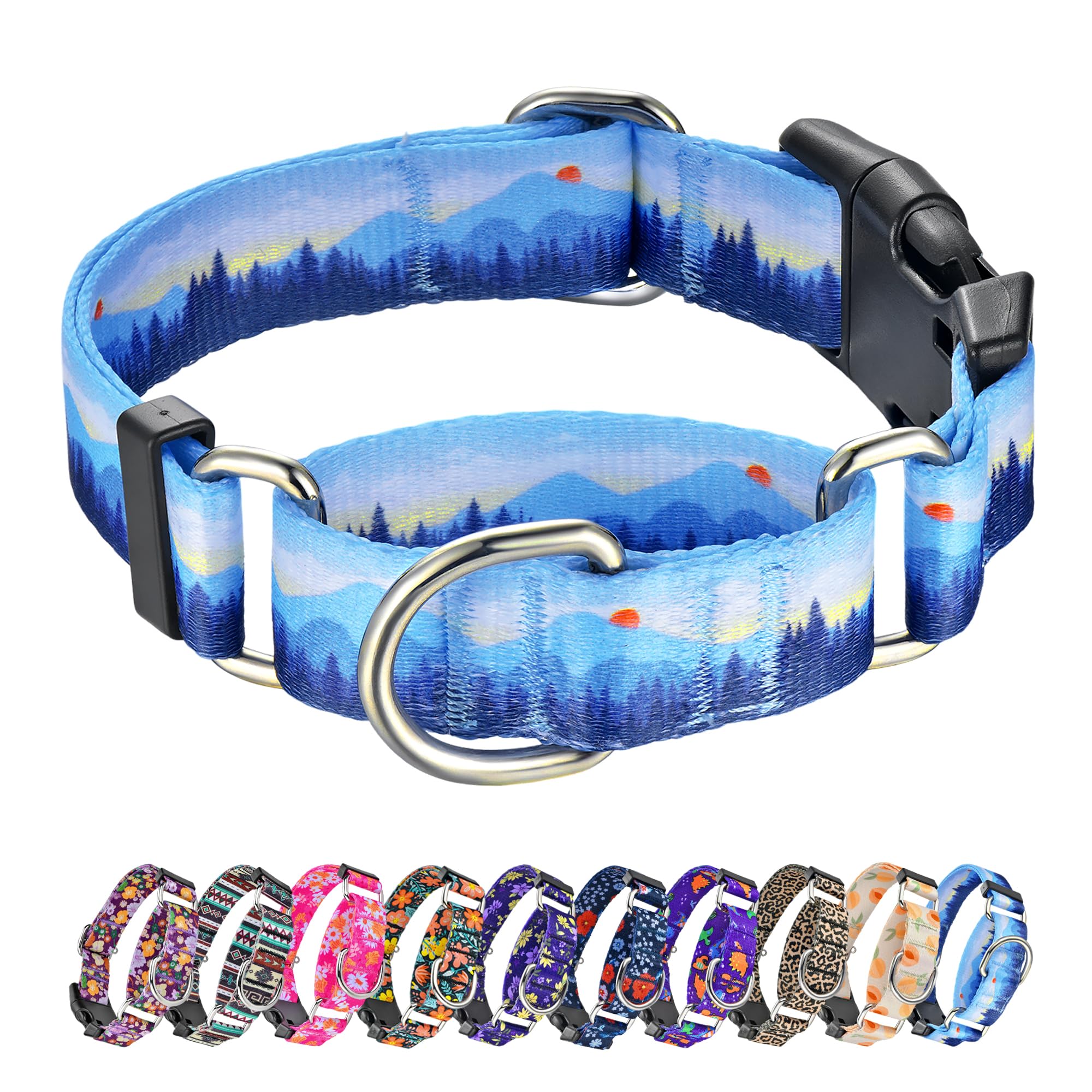 Hikiko Martingale Dog Collar - Nylon, Quick Release Buckle, No Slip, Medium, Hill Pattern