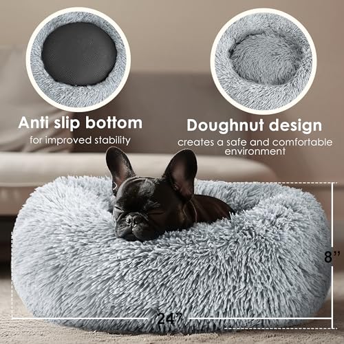 Hoewina Anti-Anxiety Donut Dog Bed for Small Dogs & Cats - Light Grey, 24 in