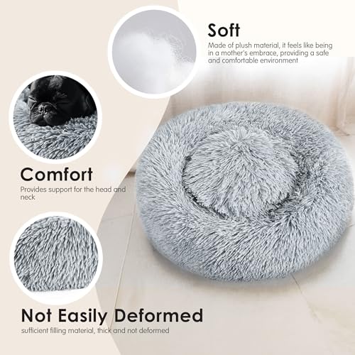 Hoewina Anti-Anxiety Donut Dog Bed for Small Dogs & Cats - Light Grey, 24 in