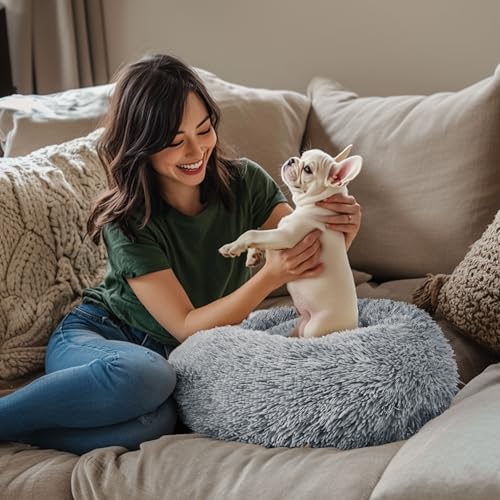Hoewina Anti-Anxiety Donut Dog Bed for Small Dogs & Cats - Light Grey, 24 in