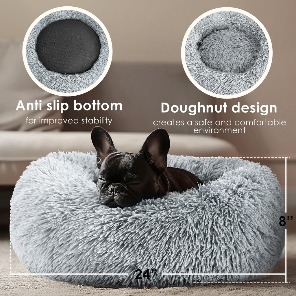 Hoewina Anti-Anxiety Donut Dog Bed for Small Dogs & Cats - Light Grey, 24 in