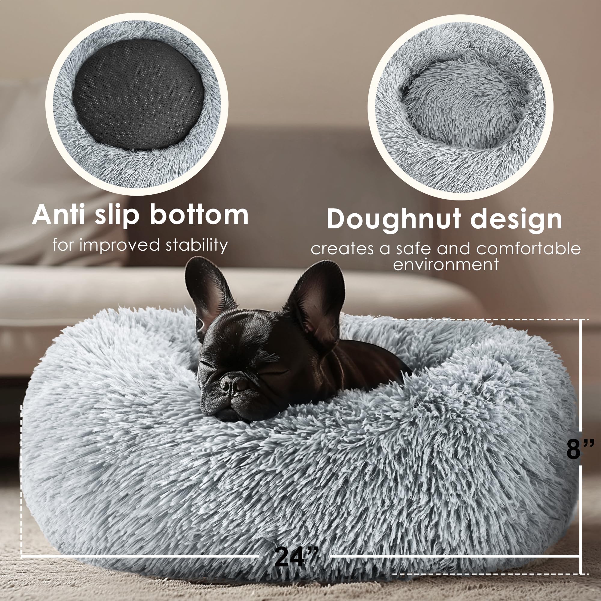 Hoewina Anti-Anxiety Donut Dog Bed for Small Dogs & Cats - Light Grey, 24 in