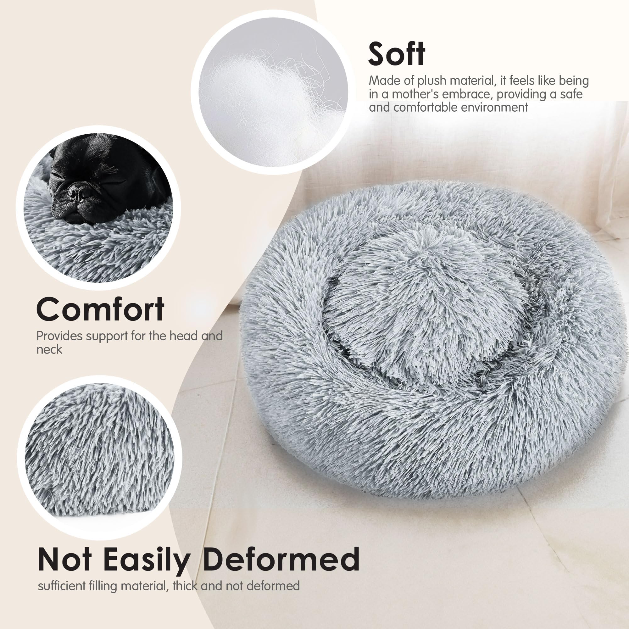 Hoewina Anti-Anxiety Donut Dog Bed for Small Dogs & Cats - Light Grey, 24 in