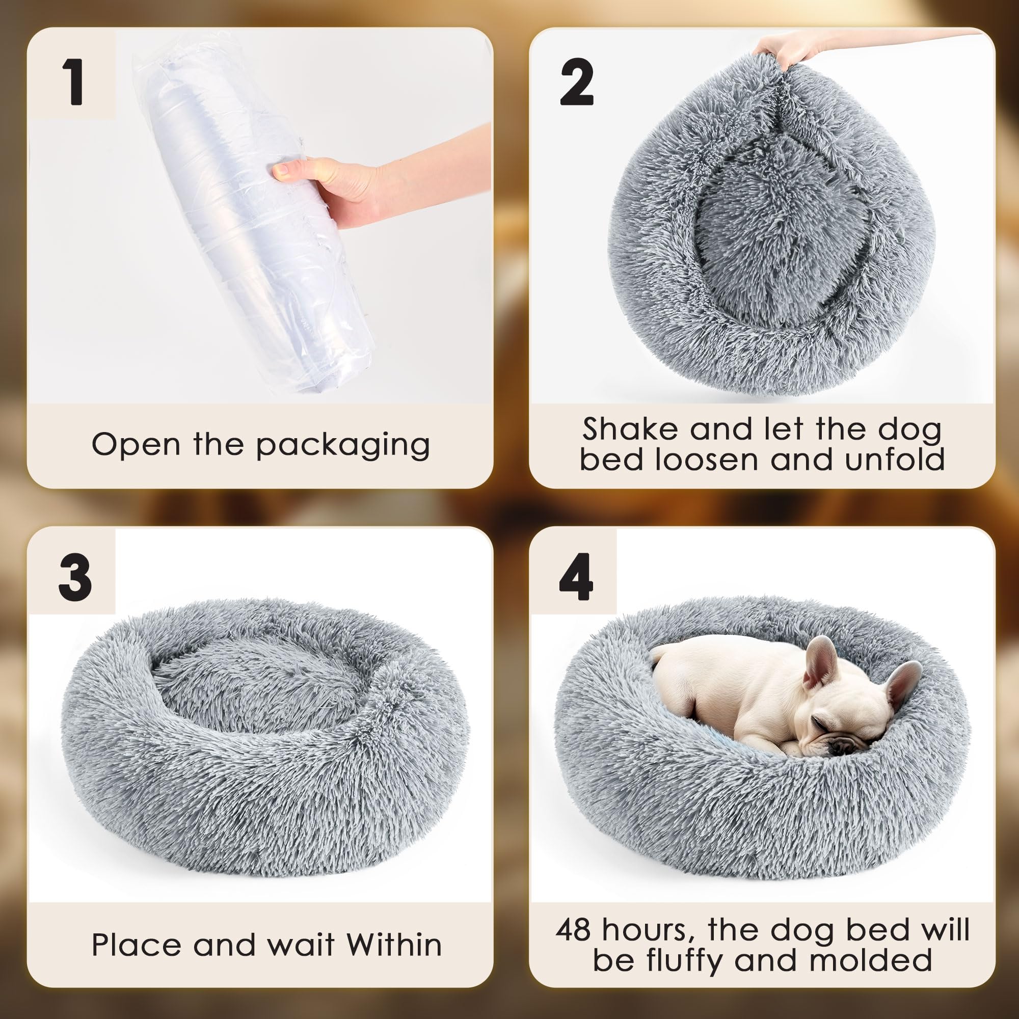Hoewina Anti-Anxiety Donut Dog Bed for Small Dogs & Cats - Light Grey, 24 in