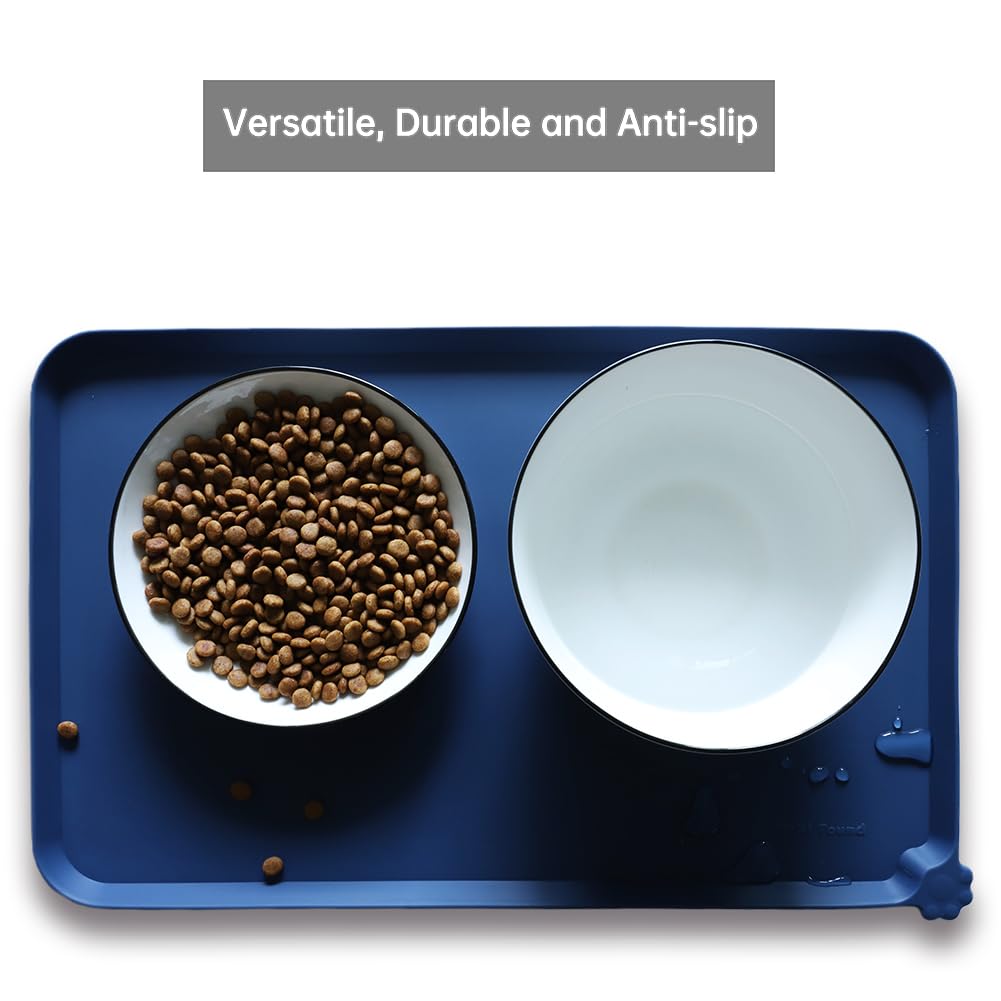 Hoki Found Silicone Pet Food Mat - Non Slip Dog Cat Bowl Placemat - Waterproof, Indigo Ink, 19x12 inches