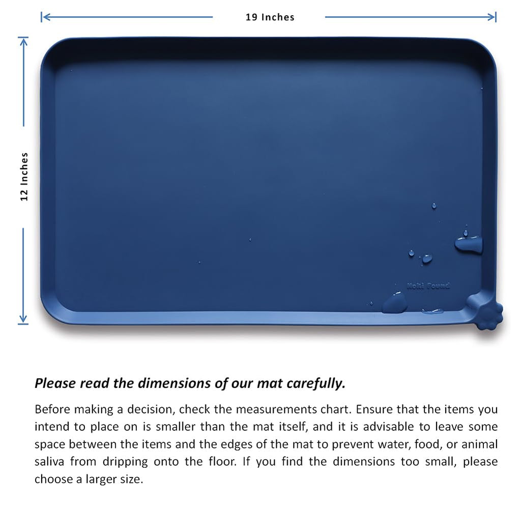 Hoki Found Silicone Pet Food Mat - Non Slip Dog Cat Bowl Placemat - Waterproof, Indigo Ink, 19x12 inches