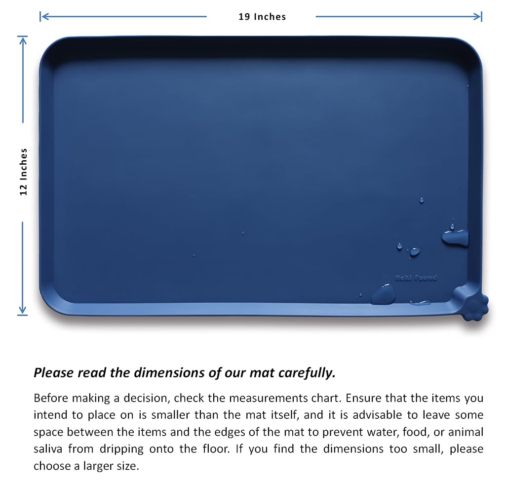 Hoki Found Silicone Pet Food Mat - Non Slip Dog Cat Bowl Placemat - Waterproof, Indigo Ink, 19x12 inches