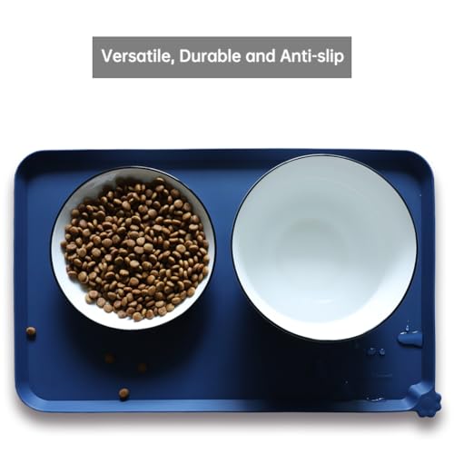 Hoki Found Silicone Pet Food Mat - Non Slip Dog Cat Bowl Placemat - Waterproof, Indigo Ink, 19x12 inches