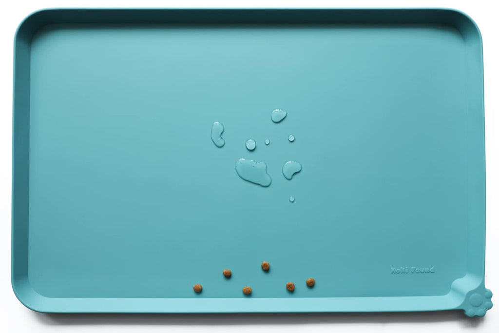 Hoki Found Silicone Pet Food Mat - Non Slip, Waterproof, Extra High Raised Edge - 19x12 Inches - Glacier