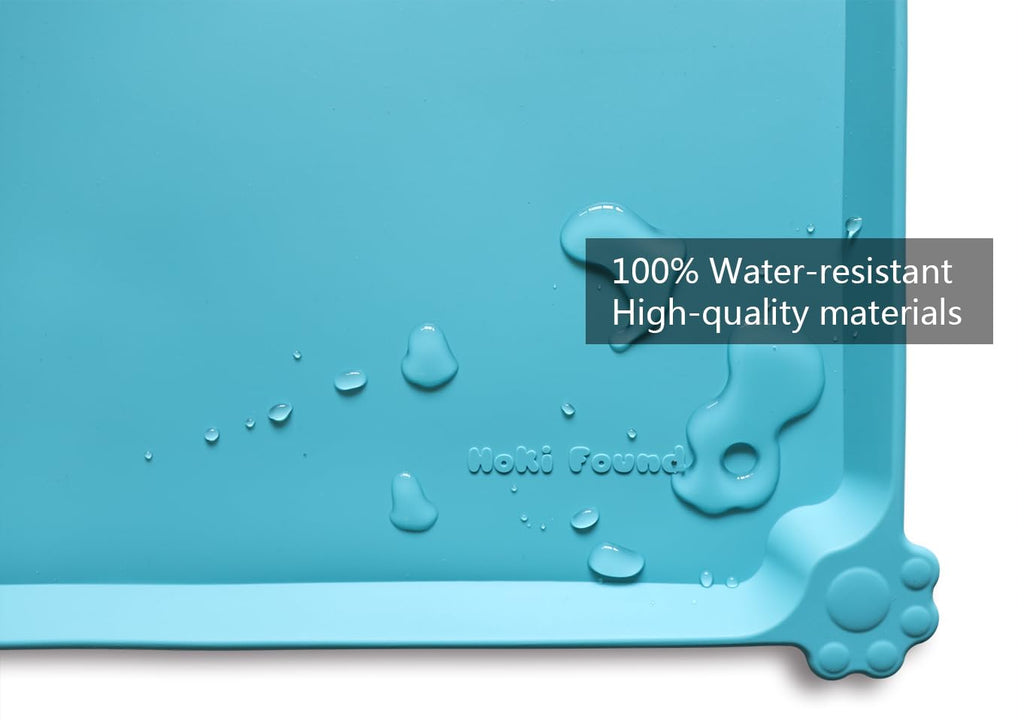 Hoki Found Silicone Pet Food Mat - Non Slip, Waterproof, Extra High Raised Edge - 19x12 Inches - Glacier