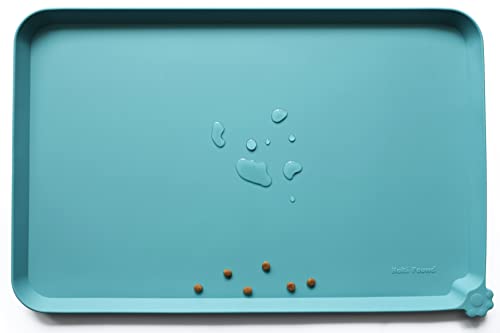 Hoki Found Silicone Pet Food Mat - Non Slip, Waterproof, Extra High Raised Edge - 19x12 Inches - Glacier