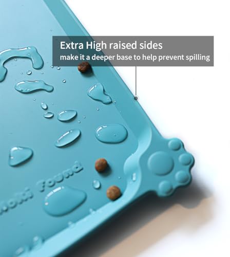 Hoki Found Silicone Pet Food Mat - Non Slip, Waterproof, Extra High Raised Edge - 19x12 Inches - Glacier