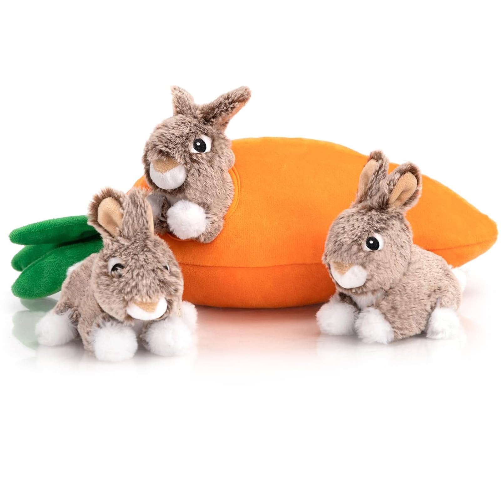 Hollypet Hide and Seek Squeaky Dog Toy – Interactive Plush Carrot with 3 Squeaky Rabbits