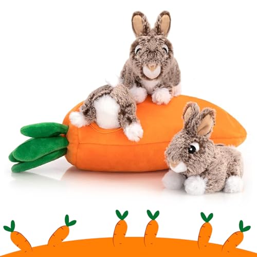 Hollypet Hide and Seek Squeaky Dog Toy – Interactive Plush Carrot with 3 Squeaky Rabbits