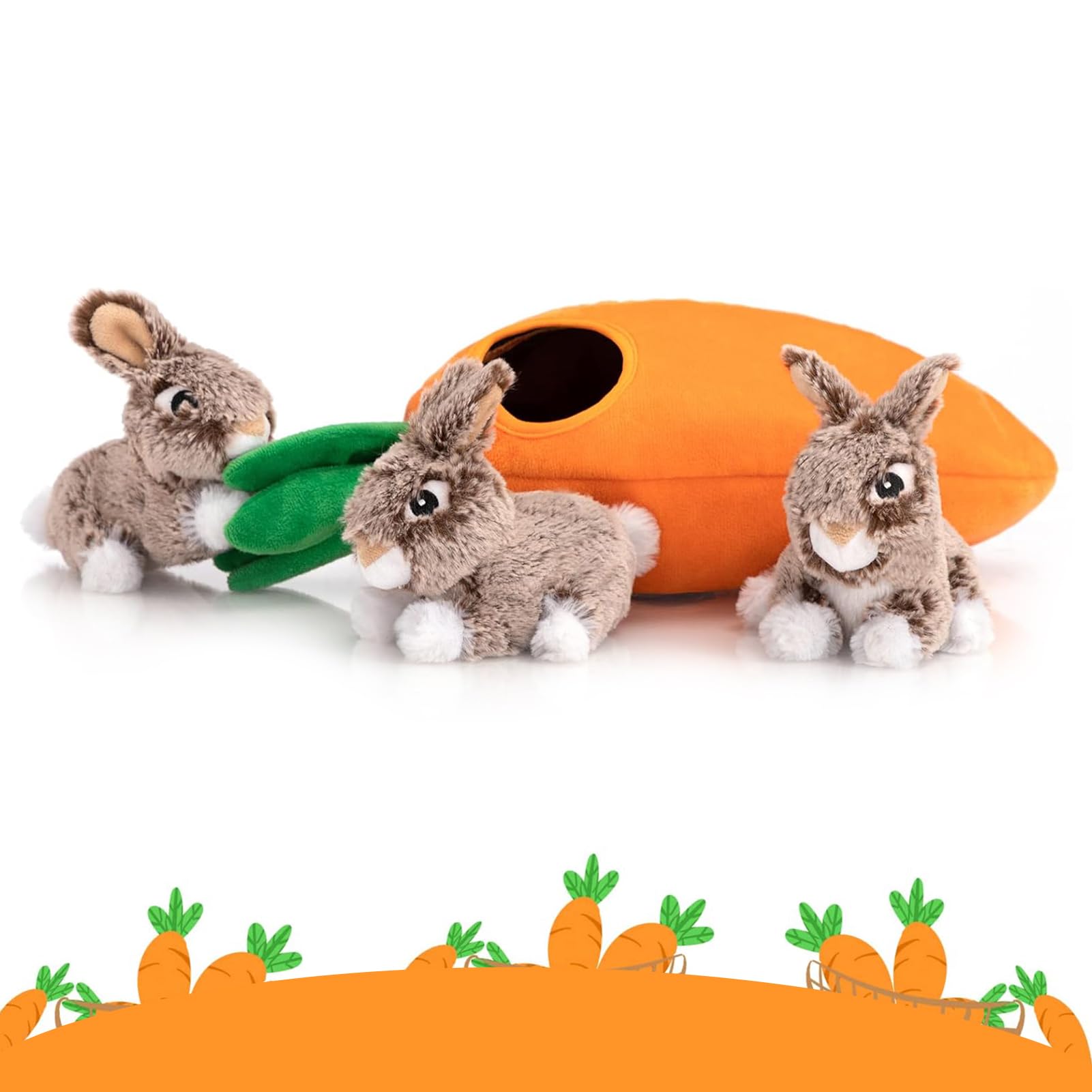 Hollypet Hide and Seek Squeaky Dog Toy – Interactive Plush Carrot with 3 Squeaky Rabbits