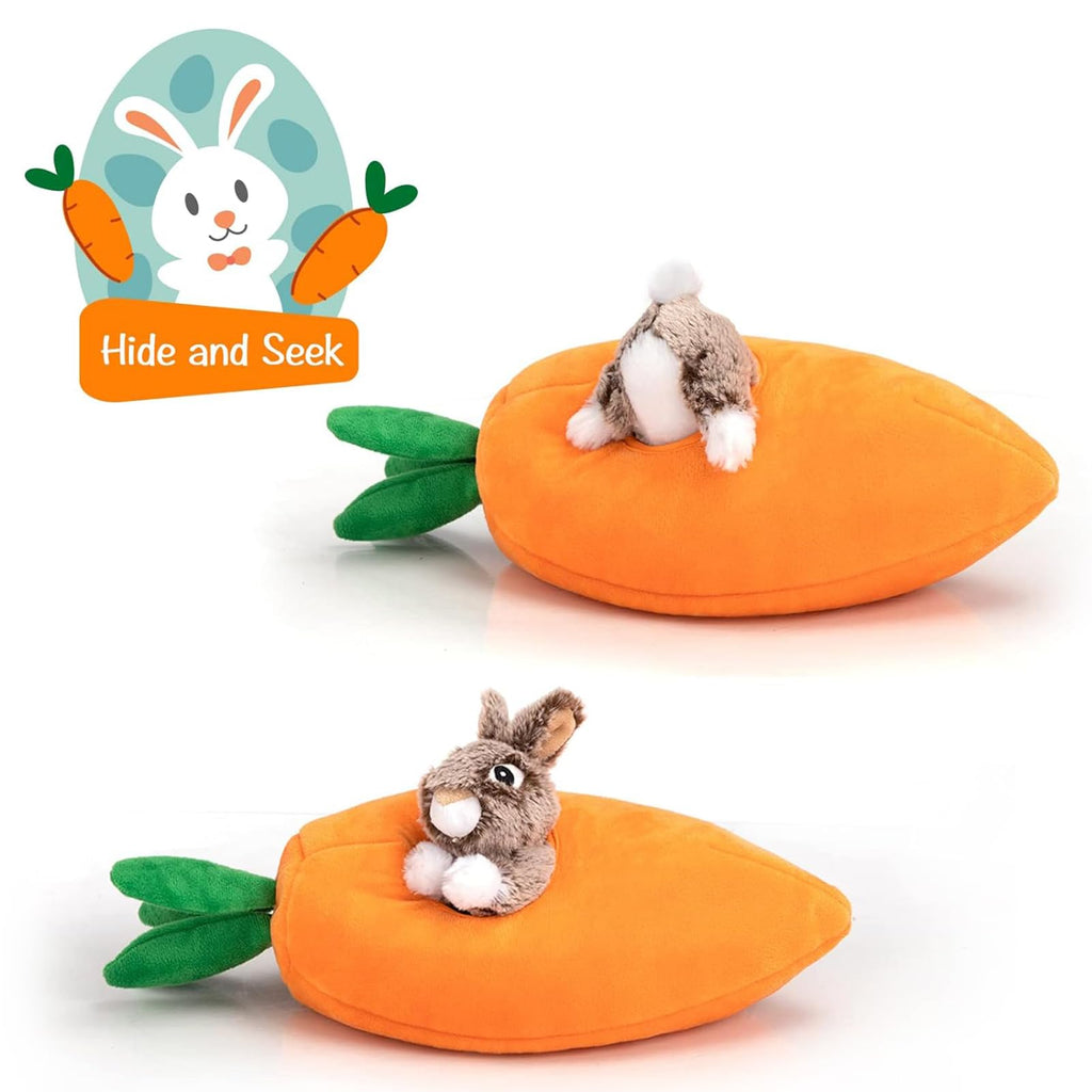 Hollypet Hide and Seek Squeaky Dog Toy – Interactive Plush Carrot with 3 Squeaky Rabbits