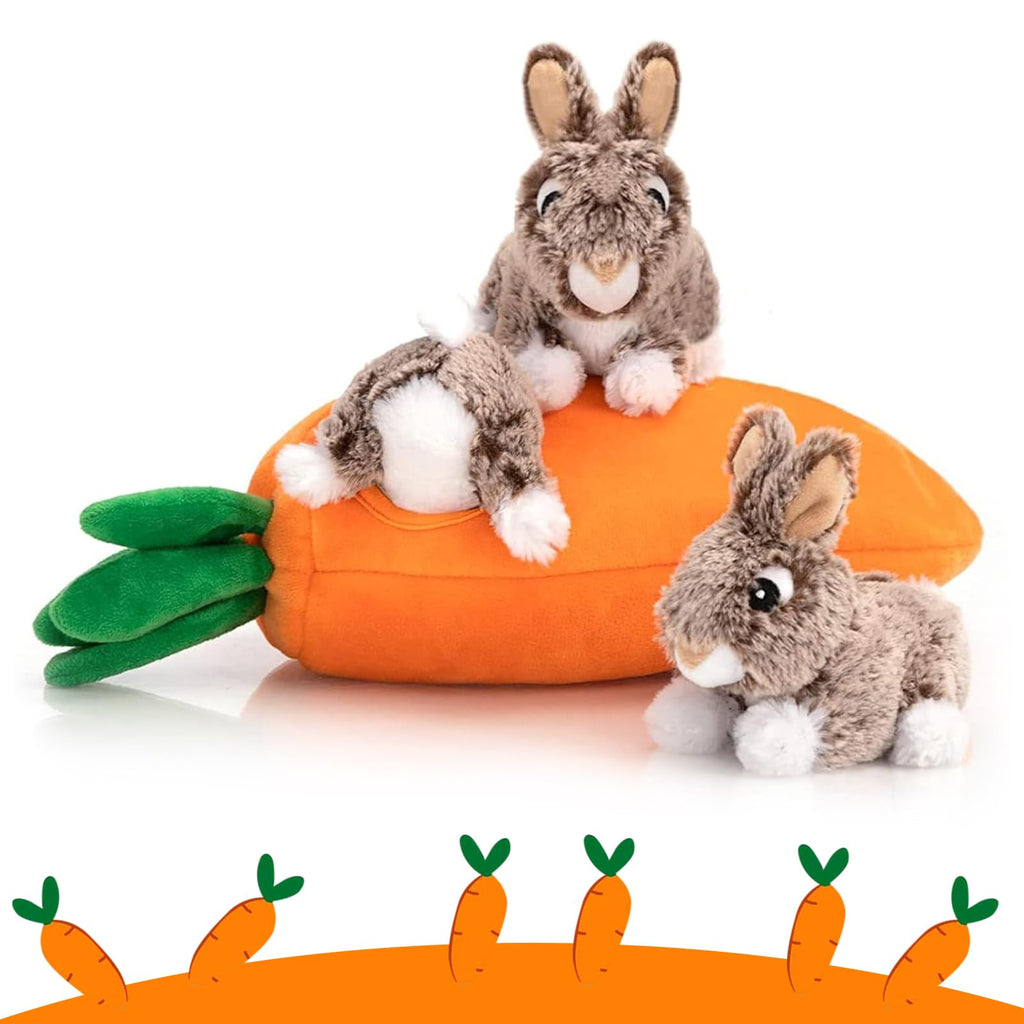 Hollypet Hide and Seek Squeaky Dog Toy – Interactive Plush Carrot with 3 Squeaky Rabbits