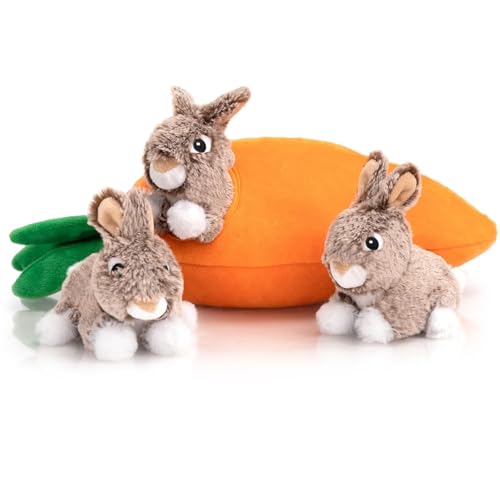 Hollypet Hide and Seek Squeaky Dog Toy – Interactive Plush Carrot with 3 Squeaky Rabbits