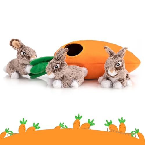 Hollypet Hide and Seek Squeaky Dog Toy – Interactive Plush Carrot with 3 Squeaky Rabbits