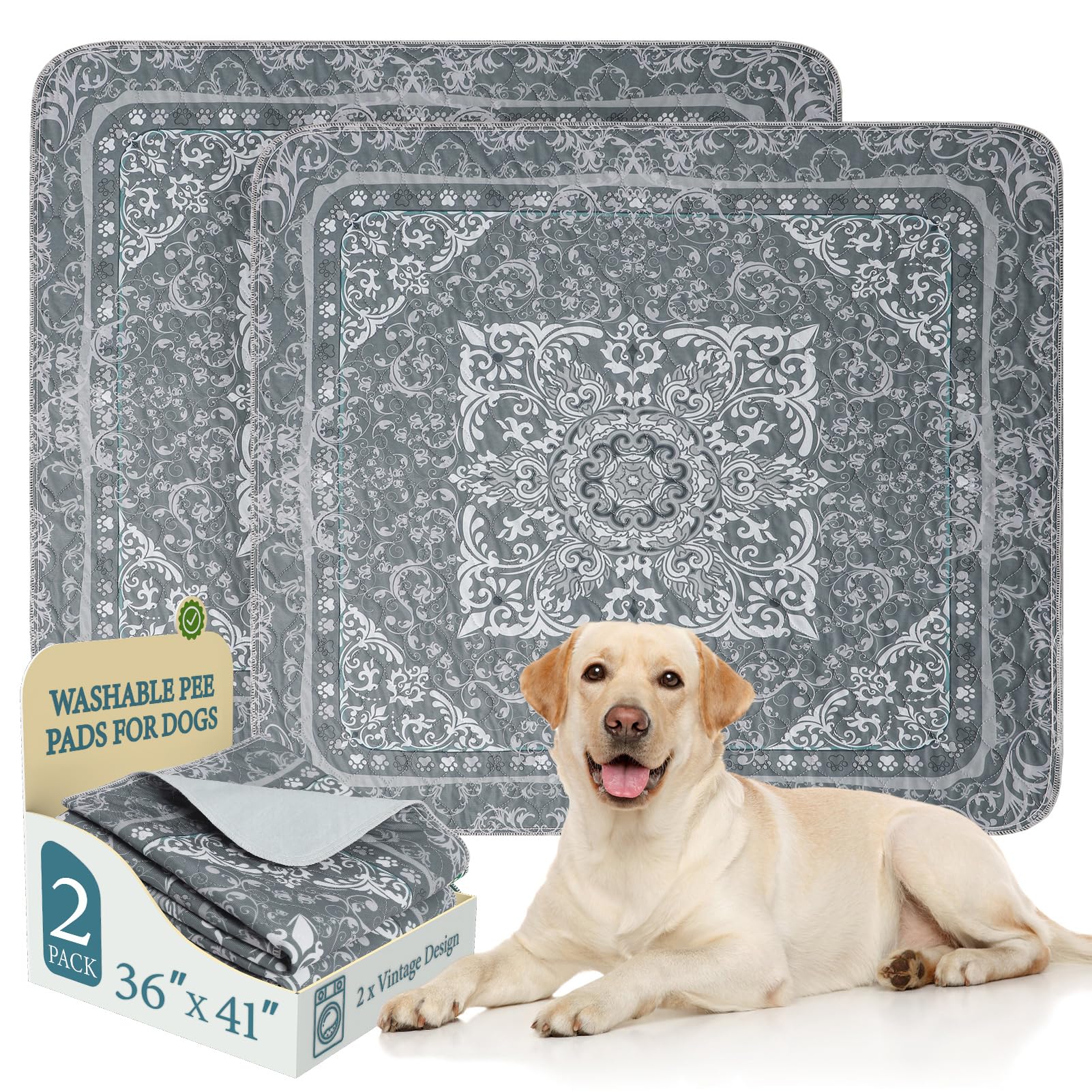 Homimp 2-Pack Reusable Dog Pee Pads, 36x41 Inch Washable Puppy Pads, Leakproof, Non-Slip, Grey