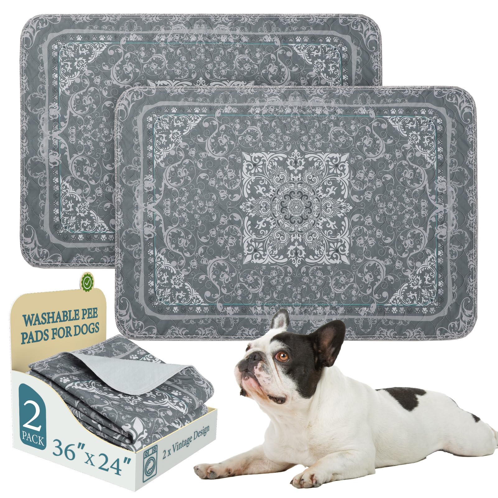 Homimp Reusable Dog Pee Pads 2-Pack (24"x36") – Washable, Waterproof, Non-Slip Training Mat for Puppies, Whelping, Crate & Couch – Grey