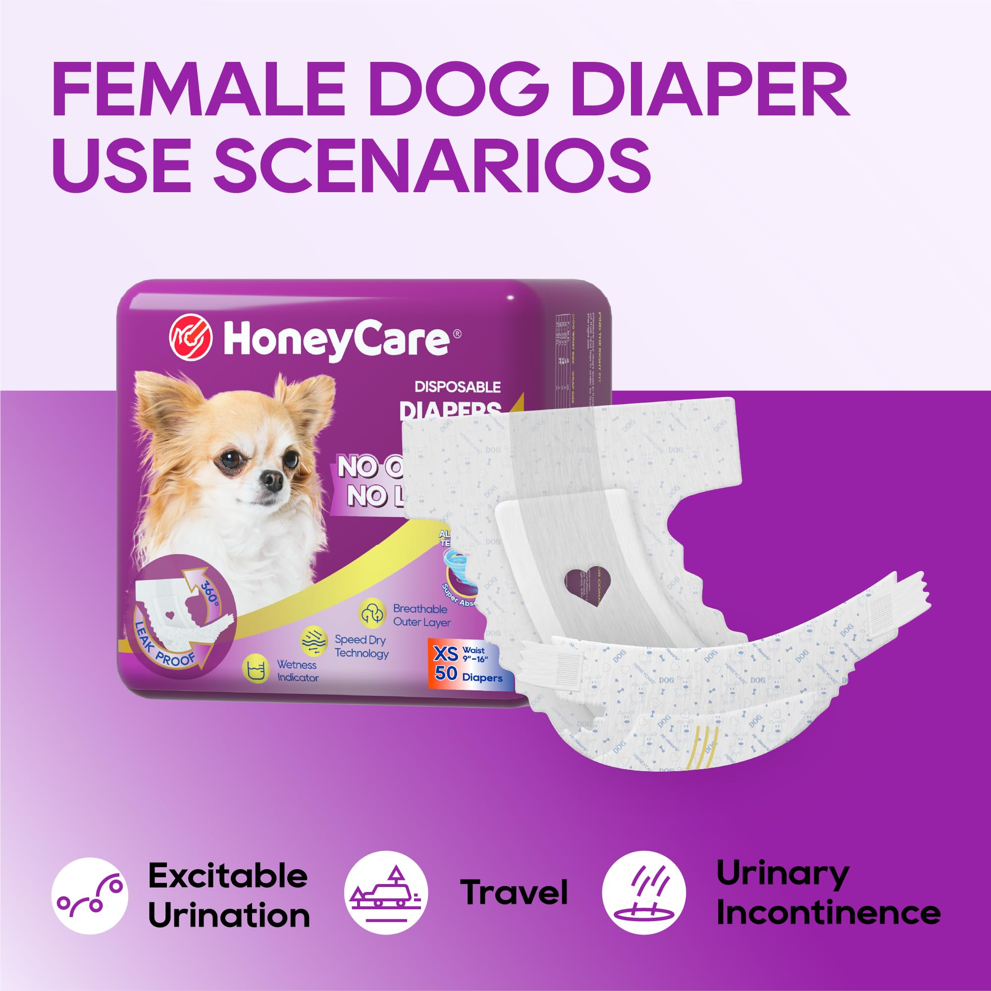 HONEY CARE All-Absorb Disposable Dog Diapers, Extra Small, 50 Count – Super Absorbent with Wetness Indicator