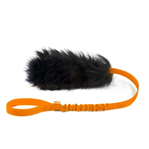 HOWGO Dog Bungee Chaser Toy – 100% Real Sheepskin Tug Toy for All Breeds (Orange, Long Without Ball)
