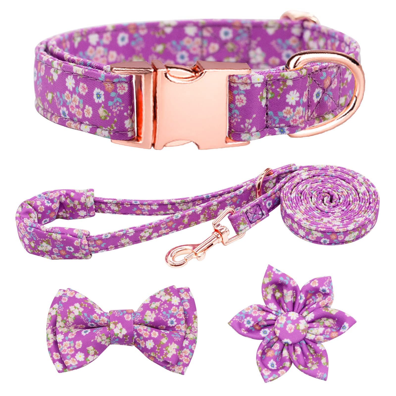 HSIGIO Adjustable Dog Collar and Leash Set with Floral Bow Tie – Purple, Size S for Small to Medium Dogs