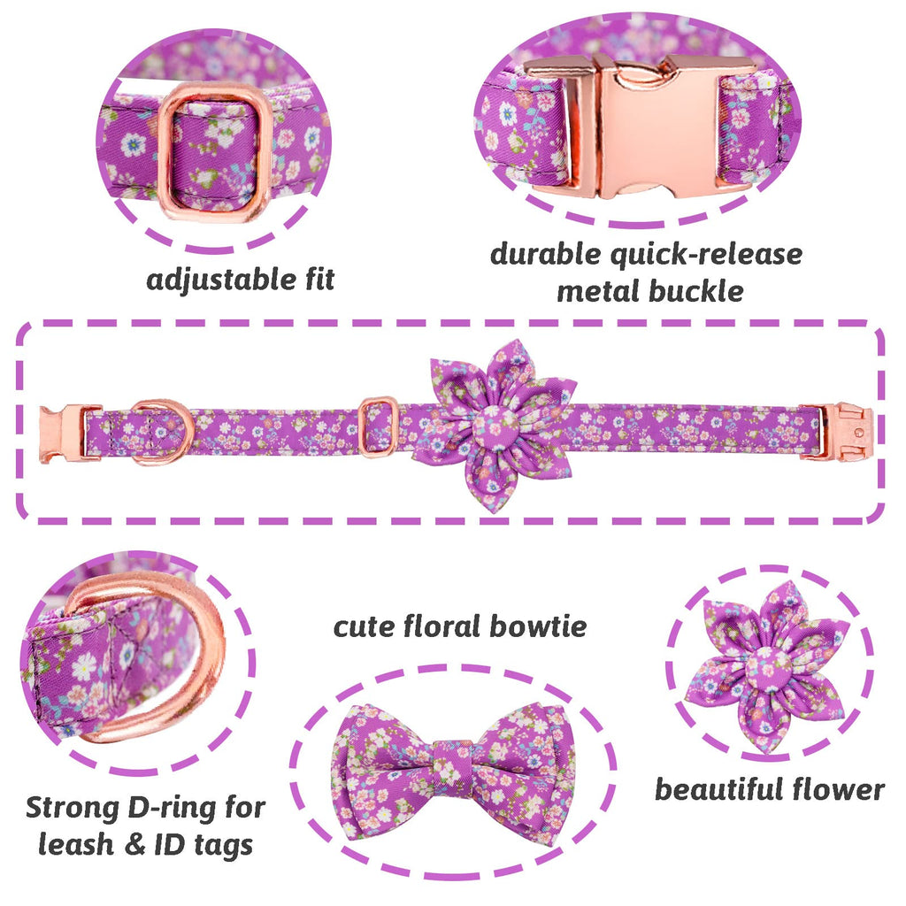 HSIGIO Adjustable Dog Collar and Leash Set with Floral Bow Tie – Purple, Size S for Small to Medium Dogs