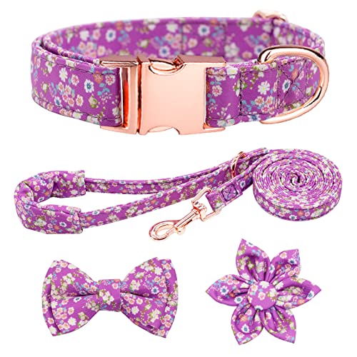 HSIGIO Adjustable Dog Collar and Leash Set with Floral Bow Tie – Purple, Size S for Small to Medium Dogs