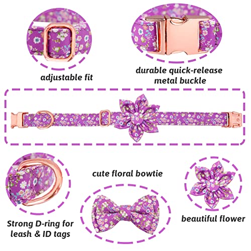 HSIGIO Adjustable Dog Collar and Leash Set with Floral Bow Tie – Purple, Size S for Small to Medium Dogs