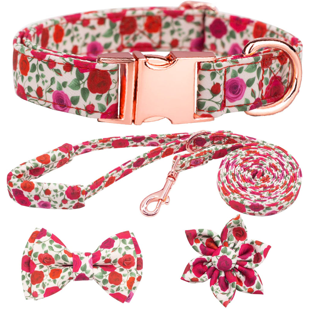 HSIGIO Cotton Dog Collar and Leash Set with Detachable Floral Bow Tie and Flower - Adjustable for Small, Medium, Large Dogs - Red Rose Pattern (XS)