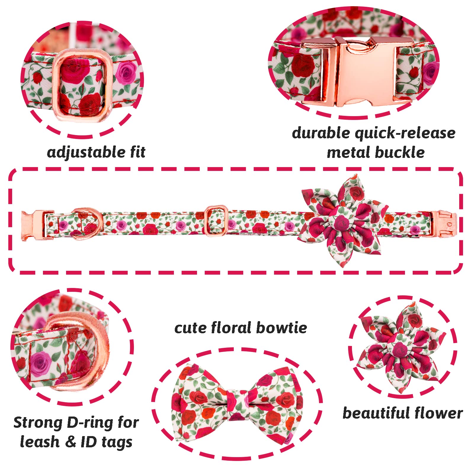 HSIGIO Cotton Dog Collar and Leash Set with Detachable Floral Bow Tie and Flower - Adjustable for Small, Medium, Large Dogs - Red Rose Pattern (XS)