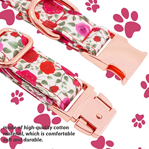 HSIGIO Cotton Dog Collar and Leash Set with Detachable Floral Bow Tie and Flower - Adjustable for Small, Medium, Large Dogs - Red Rose Pattern (XS)