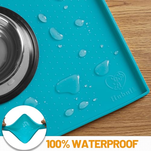 Hubulk 100% Waterproof Silicone Dog Feeding Mat - 24x16x0.6 Inch Teal Non-Slip Raised Edge Placemat