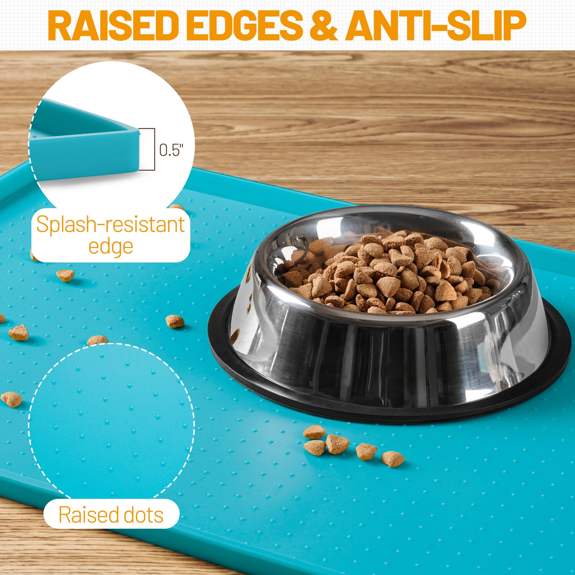 Hubulk 100% Waterproof Silicone Dog Feeding Mat - 24x16x0.6 Inch Teal Non-Slip Raised Edge Placemat