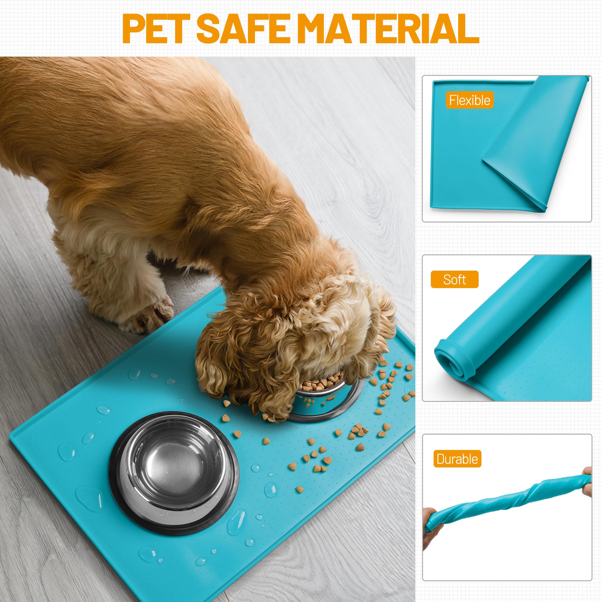 Hubulk 100% Waterproof Silicone Dog Feeding Mat - 24x16x0.6 Inch Teal Non-Slip Raised Edge Placemat