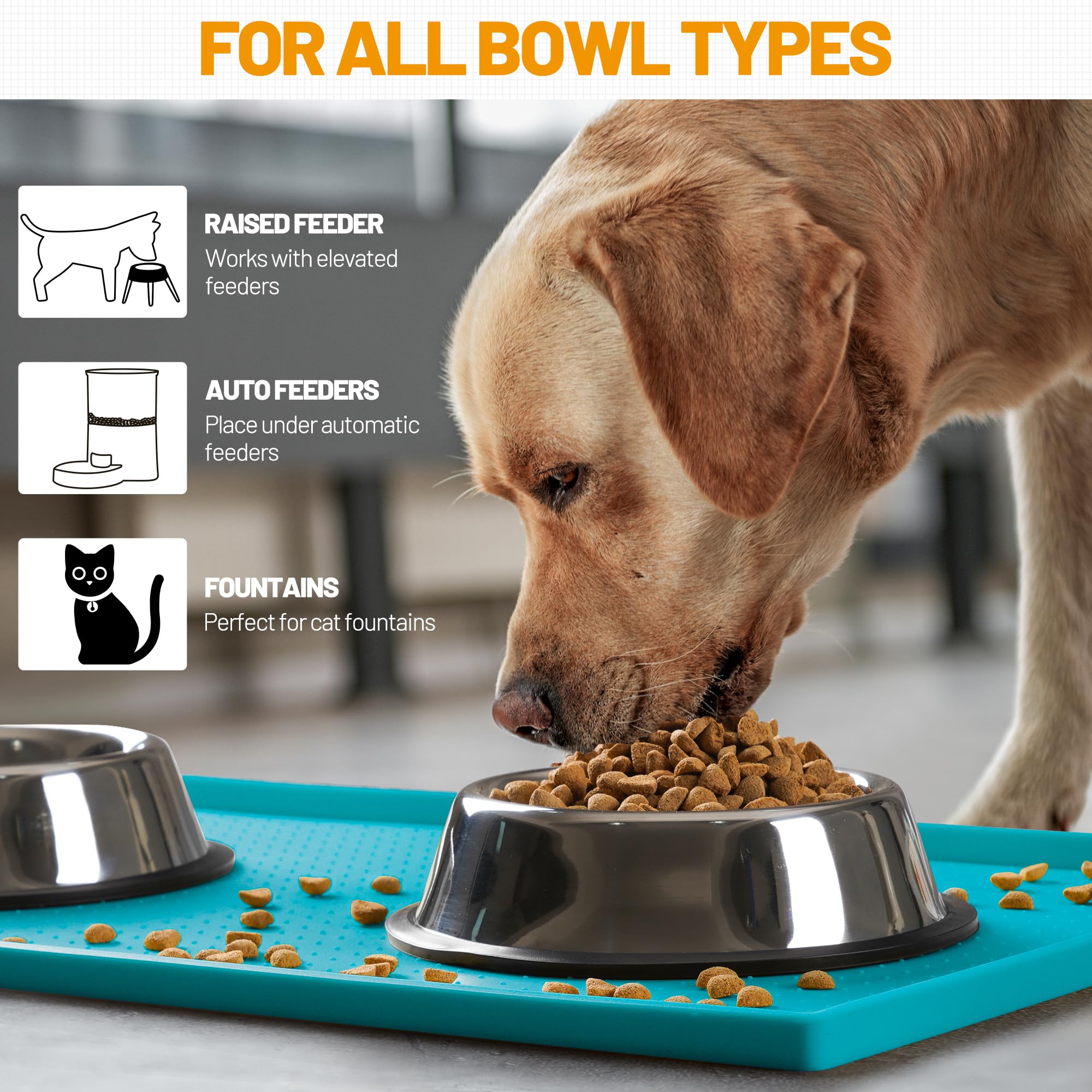 Hubulk 100% Waterproof Silicone Dog Feeding Mat - 24x16x0.6 Inch Teal Non-Slip Raised Edge Placemat