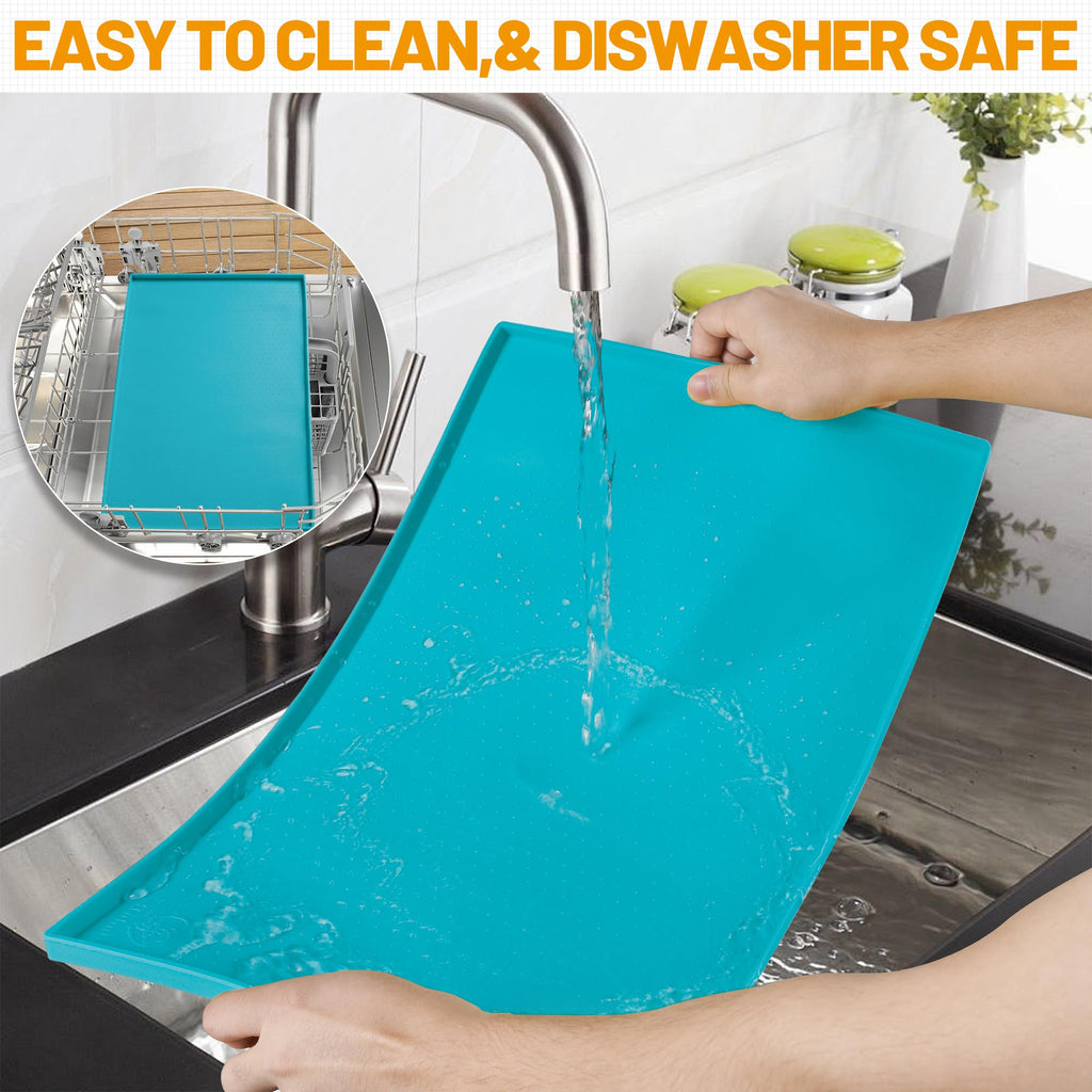 Hubulk 100% Waterproof Silicone Dog Feeding Mat - 24x16x0.6 Inch Teal Non-Slip Raised Edge Placemat