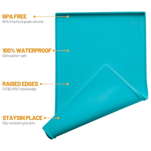 Hubulk 100% Waterproof Silicone Dog Feeding Mat - 24x16x0.6 Inch Teal Non-Slip Raised Edge Placemat