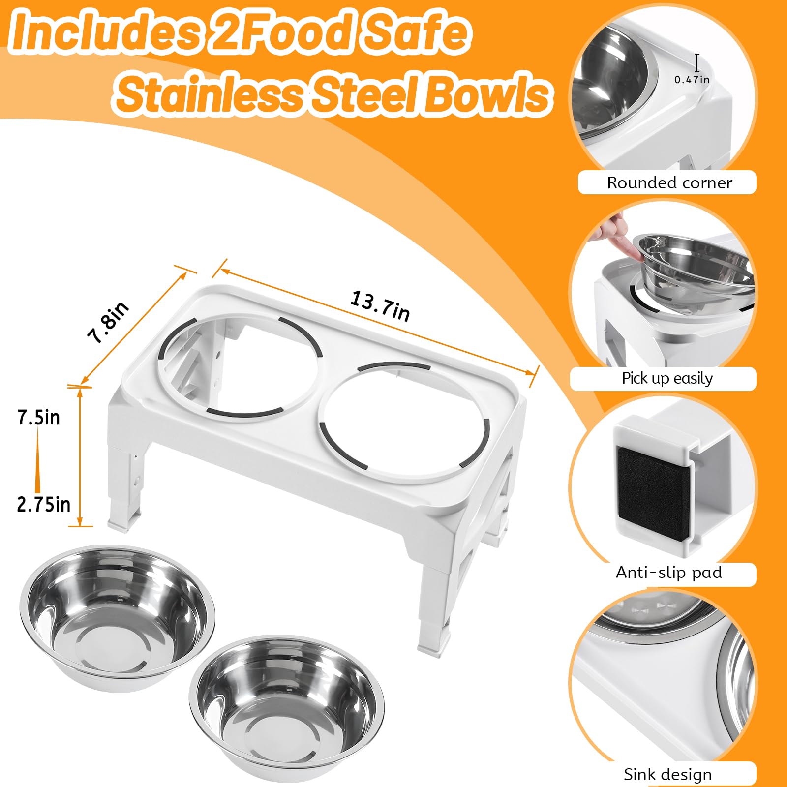 Hubulk Elevated Dog Bowls with 2 Stainless Steel Bowls - Adjustable 3 Heights Non-Slip Stand for Small Medium Dogs