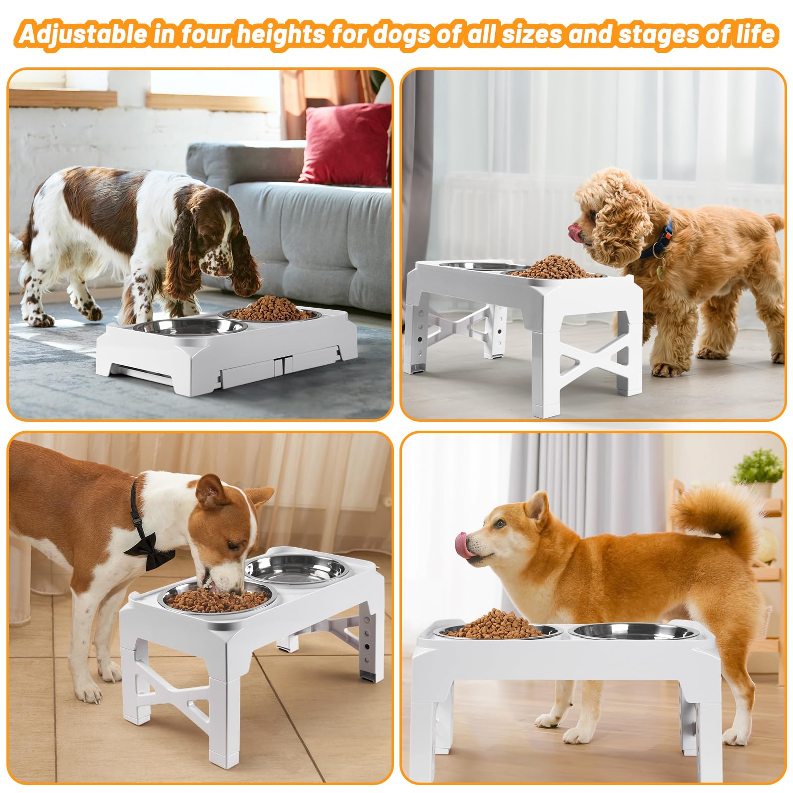 Hubulk Elevated Dog Bowls with 2 Stainless Steel Bowls - Adjustable 3 Heights Non-Slip Stand for Small Medium Dogs
