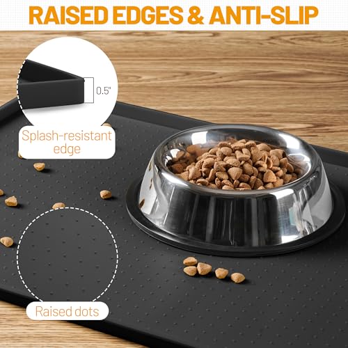 Hubulk Waterproof Dog Feeding Mat, 24x16 Inch Food-Grade Silicone Placemat with Raised Edge, Non-Slip, Dishwasher Safe, Black