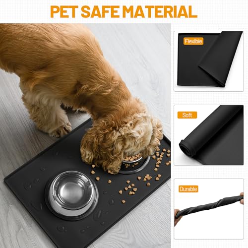 Hubulk Waterproof Dog Feeding Mat, 24x16 Inch Food-Grade Silicone Placemat with Raised Edge, Non-Slip, Dishwasher Safe, Black